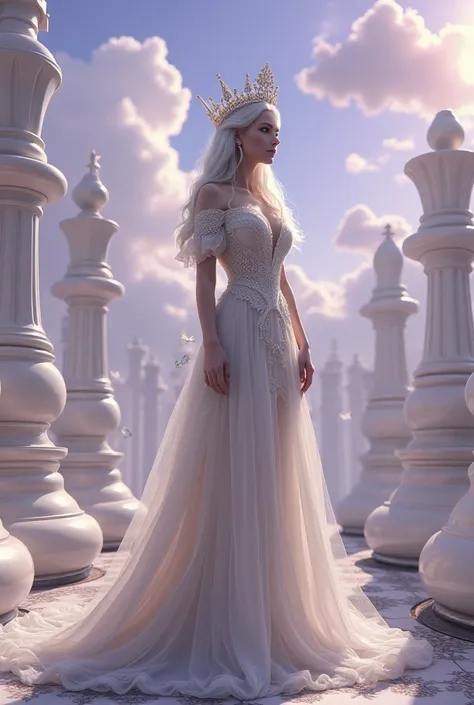 The White Queen from Alice trough the looking glass as the Queen of Hearts sister and with a chess astatic 