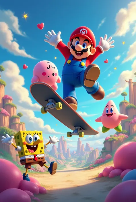 Mario party and Kirby and SpongeBob Patrick and Kirby and god on a skate board kick flip in the air 