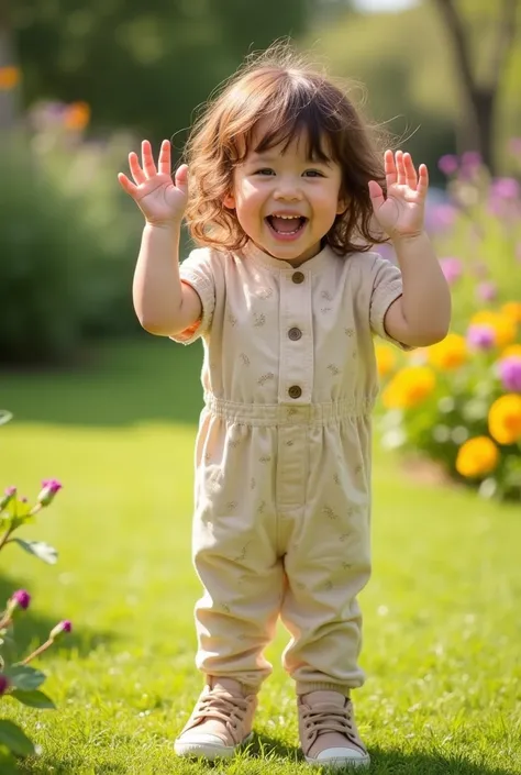 A 5-year-old with wavy medium brown hair, with a beautiful smile, wearing a light beige jumpsuit and beige sneakers