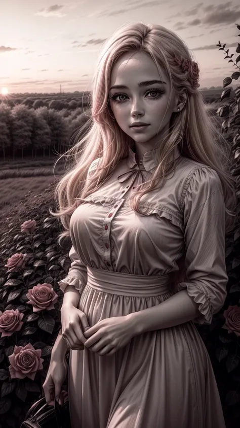 Woman in a field of red rose bushes with a sunset with pink clouds, monochrome backdrop - Blonde woman in a field of pastel rose bushes under a monochrome sunset with soft fluffy clouds. the scene is dreamy and ethereal, looking out at the viewer