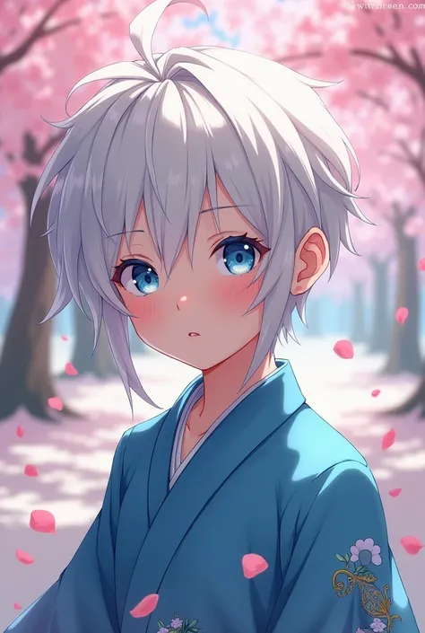 Make an image: Make a white-haired, white-skinned child, blue eyes and Japanese descent, gender man anime blue blouse