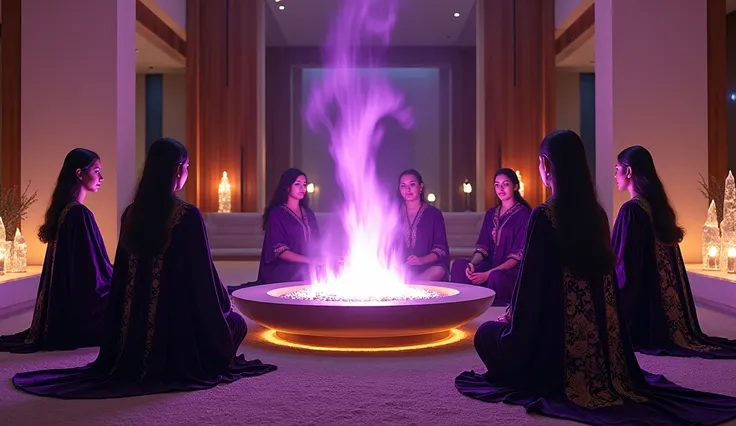 a dozen white, black, Indian women with exquisite violet velvet cloaks with golden threads of priestesses, seated around a fireplace with violet fire, in a large modernist style room with glass and wood, convey depth, many tall crystals, Tibetan singing bo...