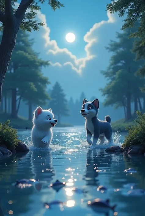 Cloud notices something in the distance—a river glistening through the trees. She nudges Snowy, and they both run towards it, their paws splashing through the puddles. The river is clear, and fish swim close to the surface, illuminated by the faint moonlig...