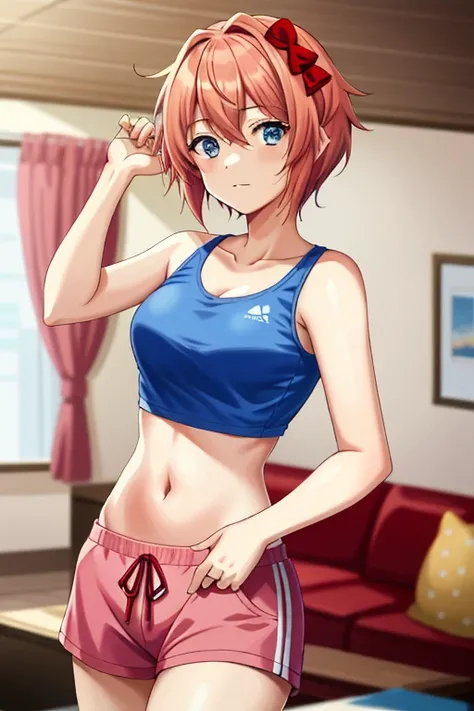 2d, masterpiece, best quality, anime, highly detailed, 1girl, solo, sayori, blue eyes, pink hair, short hair, hair bow, red bow, pink sports bra, red jogging shorts, cowboy shot, looking at viewer, living room background