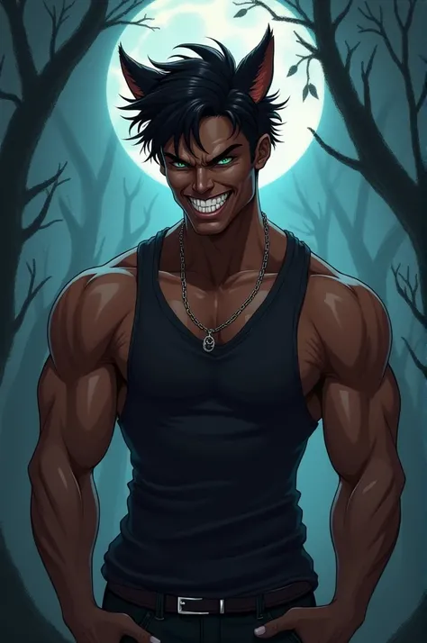 make a fanart drawing, naughty man, darkskin, black tank top, showing off the biceps, wolfs ears, smile with fangs