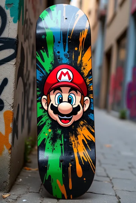 Custom skateboard with splattered black paint green orange blue with Mario logo