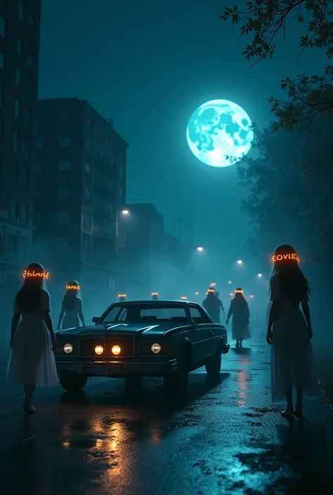 A blind car is walking in the middle of the night. Many girls are walking on the street with their heads full of names written in the middle of the road. Woman you occupy the night. 3D