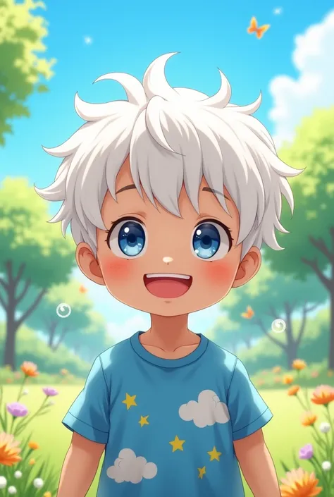 Make an image: Make a white-haired, white-skinned child, blue eyes and Japanese descent, anime boy blue shirt for a 2 year old 