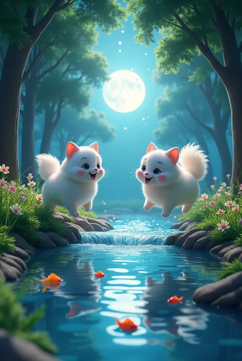 Cloud notices something in the distance—a river glistening through the trees. She nudges Snowy, and they both run towards it, their paws splashing through the puddles. The river is clear, and fish swim close to the surface, illuminated by the faint moonlig...