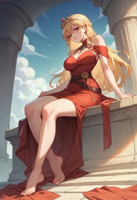 antique Rome. 20 years old, hair blonde, dressed in a red linen dress with a belt. There is a beautiful tiara on her head. She rested her foot on the column and tilted her head slightly.