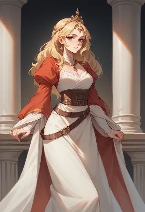 antique Rome. 20 years old, hair blonde, dressed in a red linen dress with a belt. There is a beautiful tiara on her head. She rested her foot on the column and tilted her head slightly.