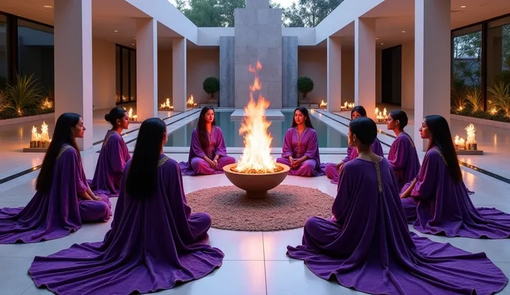 a dozen white, black, Indian women with exquisite violet velvet cloaks with golden threads of priestesses, seated around a fireplace with violet fire, in a large modernist style open-air room, convey depth, many tall crystals, Tibetan singing bowls, lit ca...