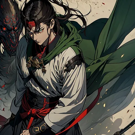 vampyre. naughty man. Youngh. dark green eyes  . dark brown hair. stark. Cao Cao. Japanese Imperial Generals uniform. standing alone. standing alone. alone.