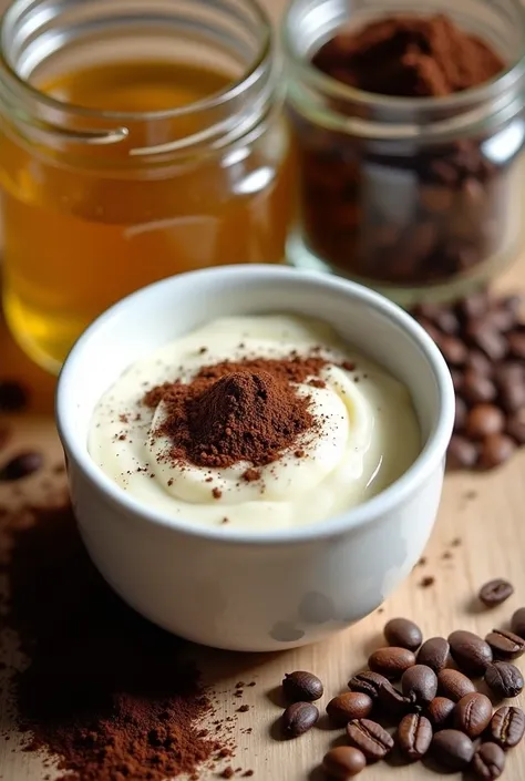 Image showing coconut oil and ground coffee being mixed in a white container.
Around the container you should see a jar of coconut oil, a jar of ground coffee and coffee beans