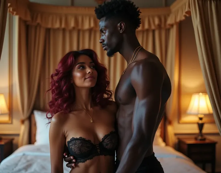 Very tall French-Nubian featured male model, permed curl hair style parted to the side hair, toned body, dark skin, vibrant purple eyes, tall thin toned body. Kind expression, standing behind a shorter woman, very pale skin, vibrant blood-red-maroon tussle...