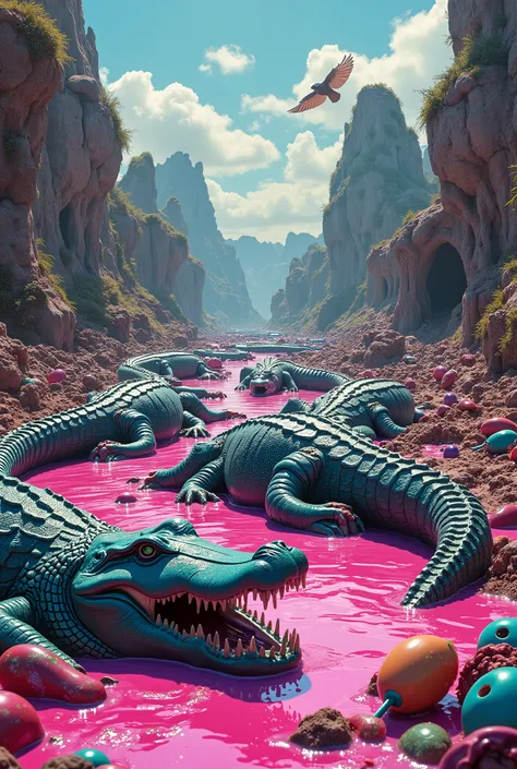 Paysage climatique chaotique avec plusieurs crocodiles en slime avec pleins dobjets en slime. Mystique et ultra coloré slime. Chaos. Apocalyptique. Slime. Affiche de film slime. Ultra détaillé. Objets divers et multiples en slime. ((Détail)) HD. Pleins dob...