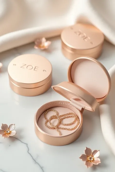 Create plain pastel gold jewelry boxes closed and open with chain inside with the name ZOE in Aire Serif font.