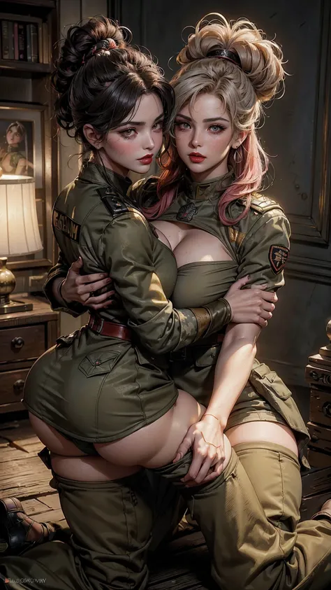 ((2 women)) perfect pink eyes, fantastic face, Indian, beautiful look, ((red lips, bright eyes, curve heir 1.5)), ((beautiful details , soldier outfit, soldier uniform)), ( round shaggy breasts and ultra detailed, n), A glorious gorgeous, glorious gorgeous...