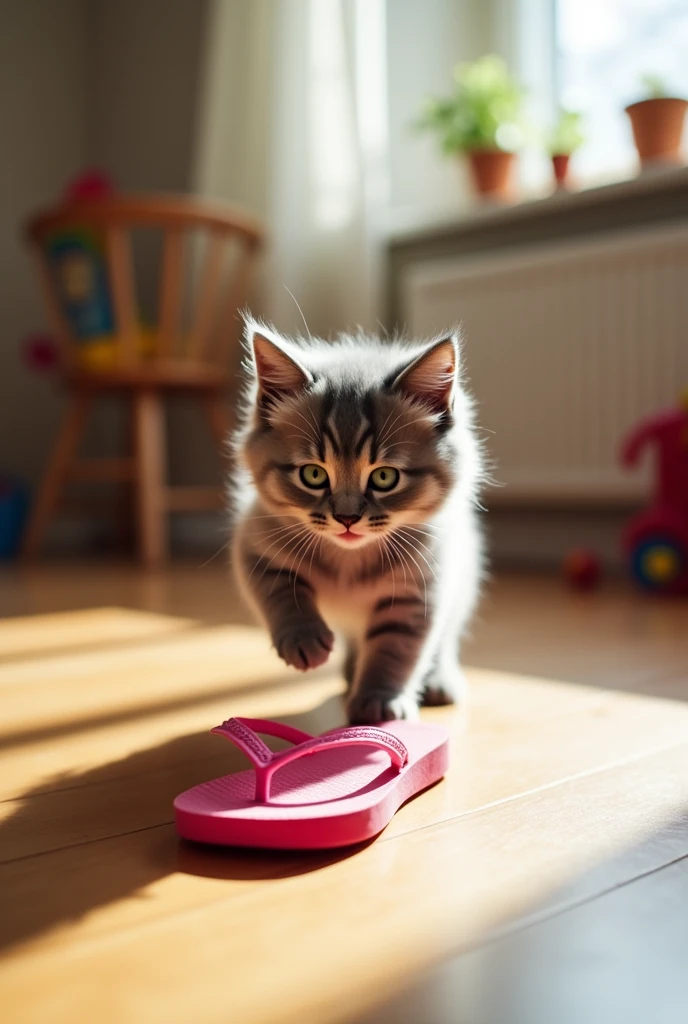 Image of a kitten running away from a mothers flip-flop
