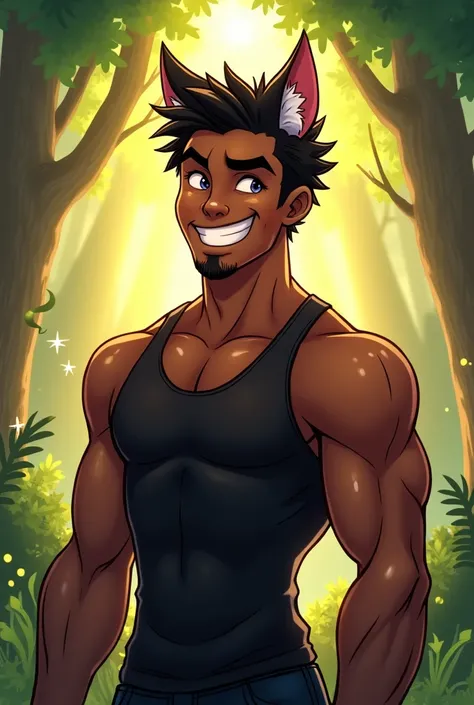 make a fanart drawing, naughty man, darkskin, black tank top, showing off the biceps, wolfs ears, cheerful grin, fanart drawing style