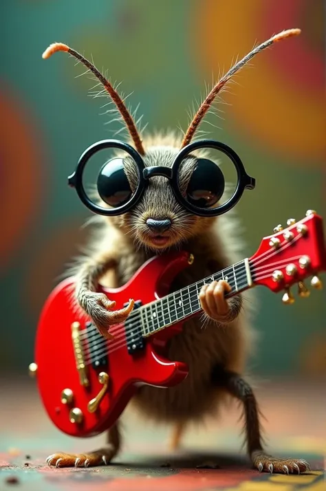 a mite (animal) angry with round black glasses and a guitar in the 60s