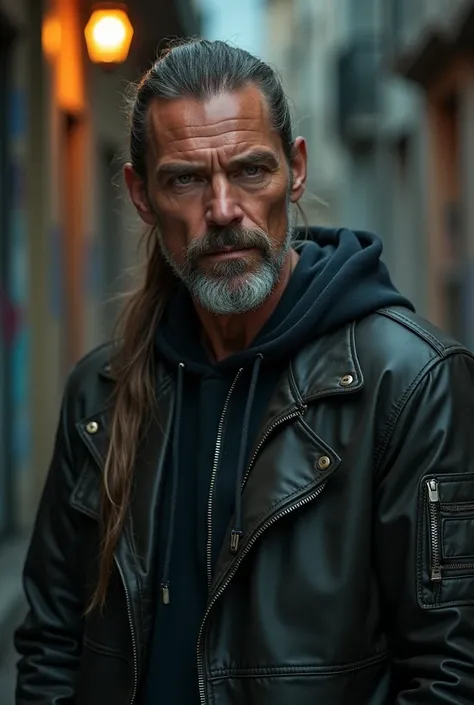 Muscular middle-aged man with goatee, long hair tied in a ponytail, green eyes, strong features and urban style clothing, moody and dramatic background, 8k, HDR, taken with an iPhone for instagram.