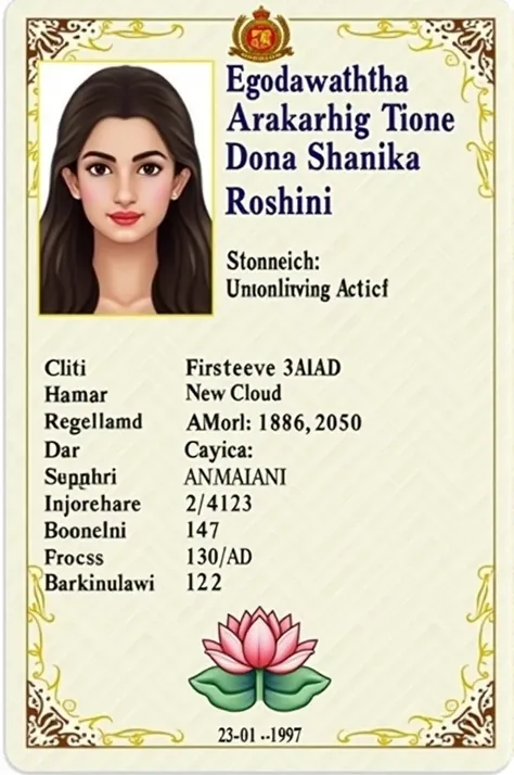 Create me a Latvian idinty card detailes as Full Name : Egodawaththa Arachchige Dona Shanika Roshini

Date of Birth: 23-01-1997

Sex

: Female
Civil Status : Single
Nationality : Sinhala
Religion : Catholic