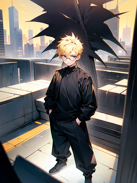 1male, black shirt, blonde hair, black eyes, spiky hair, black baggy pants, city, crowded, glasses, facing viewer, hands in pocket