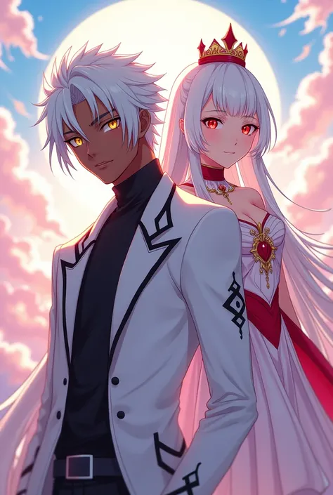 A black male anime character with white hair and golden pupils, wearing white clothes with black details, and behind him is a white woman with white hair, a red tiara, red pupils, and white clothes with red details.