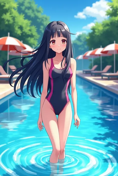 Create an anime girl with big powerful tits in a pool suit