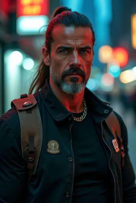 Muscular middle-aged man with goatee, long hair tied in a ponytail, green eyes, strong features and urban style clothing, moody and dramatic background, 8k, HDR, taken with an iPhone for instagram.