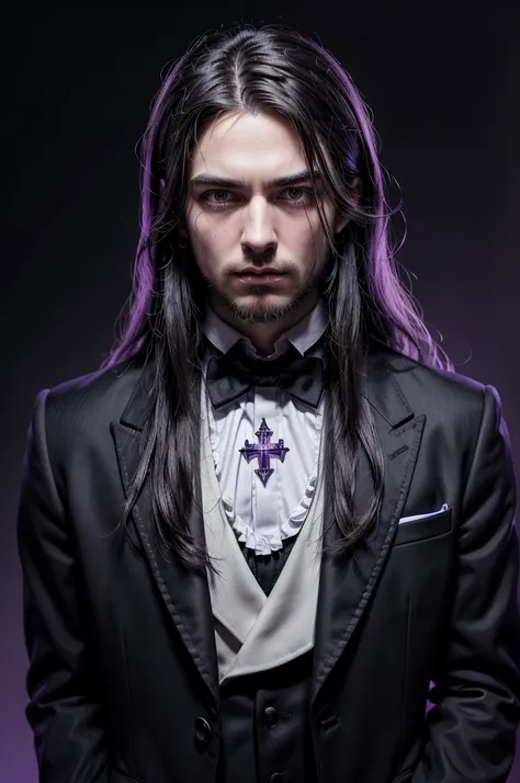 black background, in the center a prominent chin and brutish features man character with long white dreadlock hair, soft strokes, no beard thick bleueyes, expressive and sarcastic look wearing a tailcoat with a sparkling glowing violet gamma cross on the c...