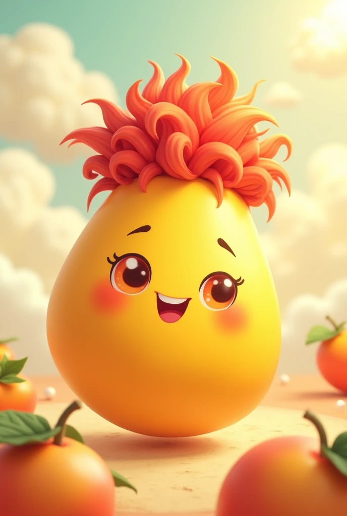 Animated mango with Kawai style eyes and curly red hair. smiling 