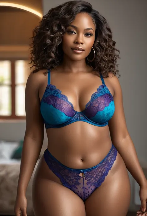 photo realisitic 35-year-old black woman, with a beautiful goddess body with fine curves that would make Aphrodite jealous, exudes power and confidence with every step she takes. Her skin is soft and silky and her hair flows like a chocolate waterfall down...