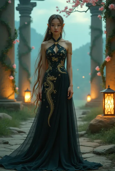 I would like to receive an image of Zelda in a black Qipao with dragon patterns..