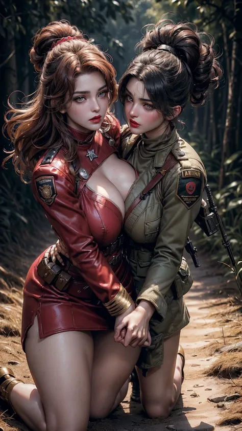 ((2 women)) perfect pink eyes, fantastic face, Indian, beautiful look, ((red lips, bright eyes, curve heir 1.5)), ((beautiful details , soldier outfit, soldier uniform)), ( round shaggy breasts and ultra detailed, n), A glorious gorgeous, glorious gorgeous...