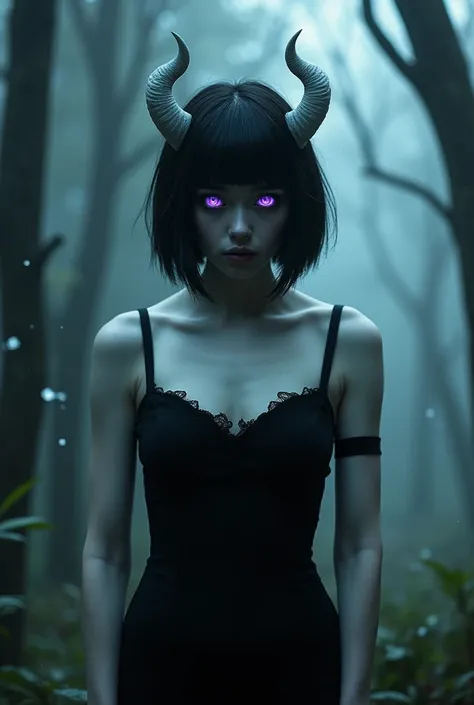 Young and beautiful demon woman, skin as white as snow, glowing purple eyes, black hair in an inverted bob, small white horns, large breasts, pointy ears, wearing a little black dress,  black eyeliner. In a haunted forest. Nsfw, perfect face.