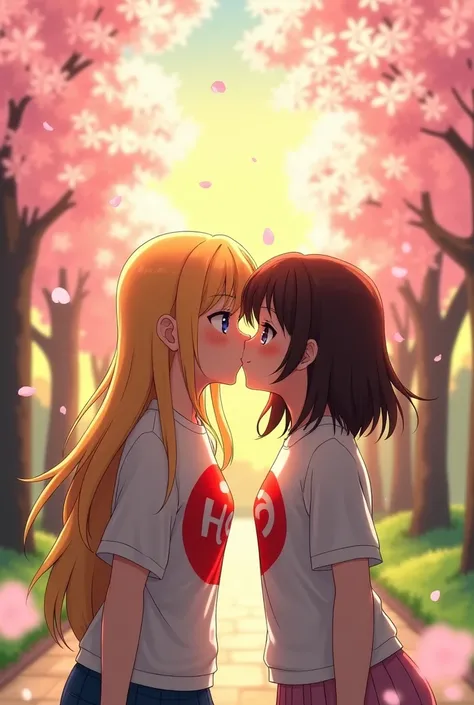  Two teenage anime girls in park, one blonde and one brunette, sharing a kiss. One has a red logo on her shirt.