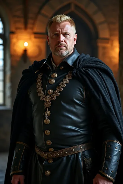 41-year-old blond man with light blue eyes and a large nose, in black medieval clothes, with a serious expression on his face, robust, cold and calculating.