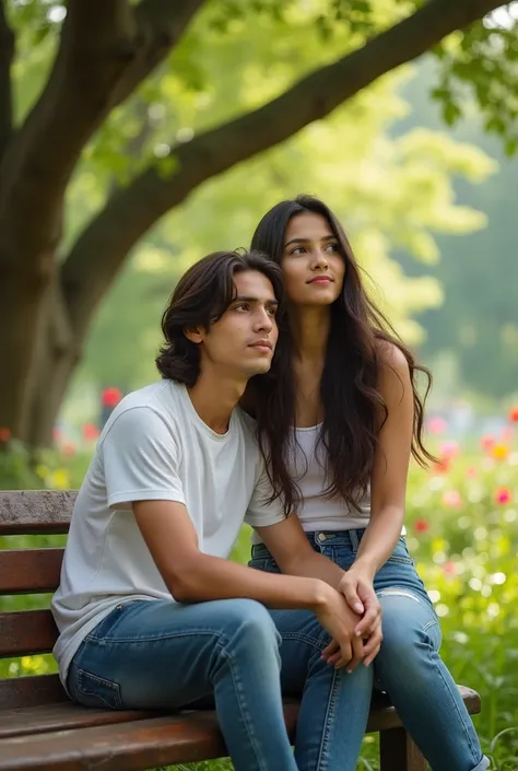 A 21 years old indian handsome boy with medium long hair and seating with his 20 years old beautiful and fair indian girlfriend and both are standing together in a indian park. And they should not smile 