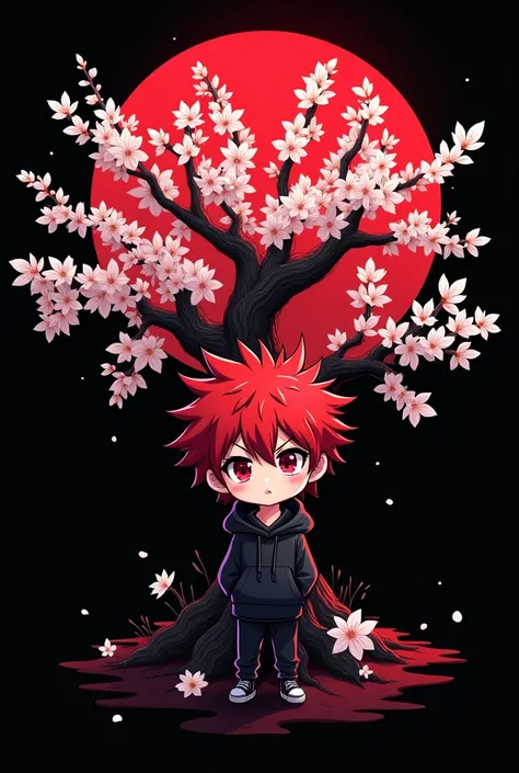 logo ,Blossom tree theme , White font , black background , Blood red colour , Anime boy involved , Spiky hair , black hoodie , red eyes , narrowed eye , chibi version
