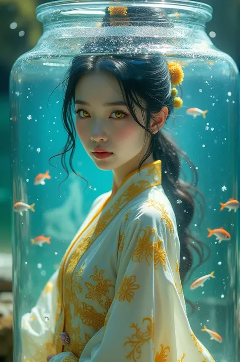 Best quality at best，Complicated details，A high resolution，（beautiful detailed  water：1.4），（Hanfu，Tang Feng），yellow eyes，（Girl in a glass jar：1.1），the ocean