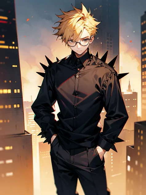 1male, black shirt, blonde hair, black eyes, spiky hair, black baggy pants, city, crowded, glasses, facing viewer, hands in pocket