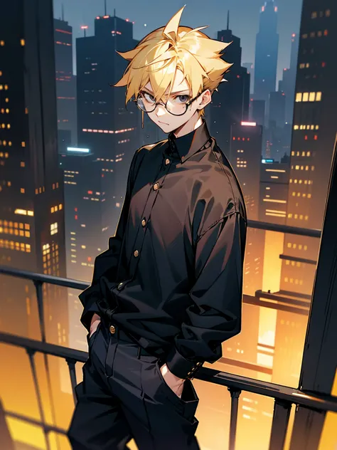 1male, black shirt, blonde hair, black eyes, spiky hair, black baggy pants, city, crowded, glasses, facing viewer, hands in pocket