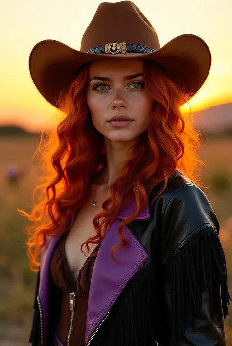 Drawing of a young Brazilian woman in cowboy style, De pele clara, with long, curly tomato red hair, honey-colored yellow eyes, wearing a luxurious brown leather hat with a gold horseshoe buckle decoration, and a black and purple leather coat with fringed ...