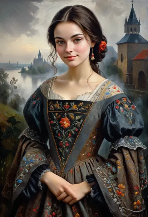 very charming young brunette, a slight mysterious smile from the shoulder, a dress with embroidered patterns, 15 century,(Luuk Vermeyden style)), The dark Renaissance, (fog, very scuffing), ((palette/oil painting palette knife)), ((masterpiece)), single sh...