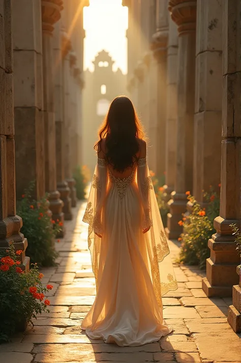 One beautiful woman is walking around the temple.