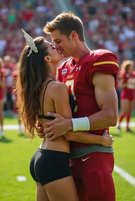 Beautiful barefoot princess wearing short black running shorts and a jacket being cradle carried by a muscular handsome young football quarterback. Football player in uniform carrying princess off the ground. Kissing. Many women in the backhround. Princess...