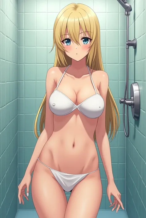 make a picture of a 24 year old girl in the shower with an extremely huge ass, white and blonde, with big tits, blue eyes, anime where you can see their feet in sandals, and without any kind of clothes, with wet skin