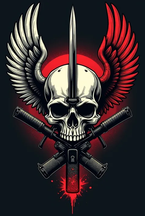 Create a logo, whose main figure, it will be a skull, with a knife that pierces it from top to bottom. the right side, will have an angels wing, on the left a demonic wing. In the back of the image, You will find a HK416 rifle and a HK417 rifle forming an ...